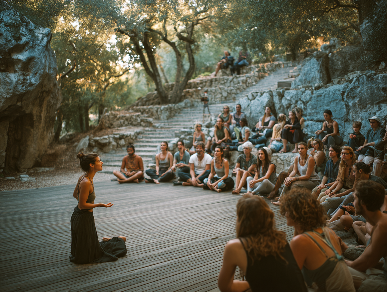 Група людей практикує йогу на березі моря під час заходу сонця