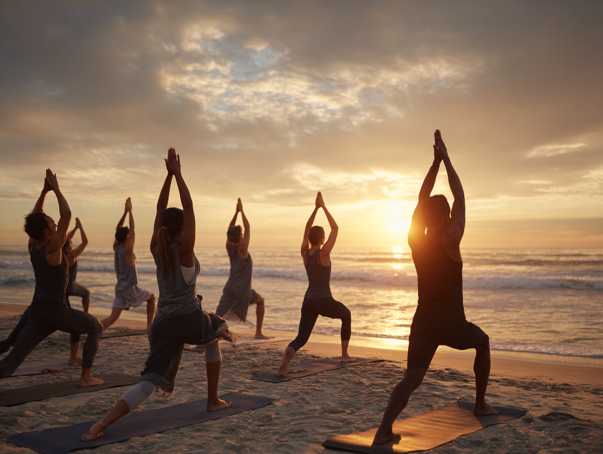 Початківці вивчають базові асани йоги в групі